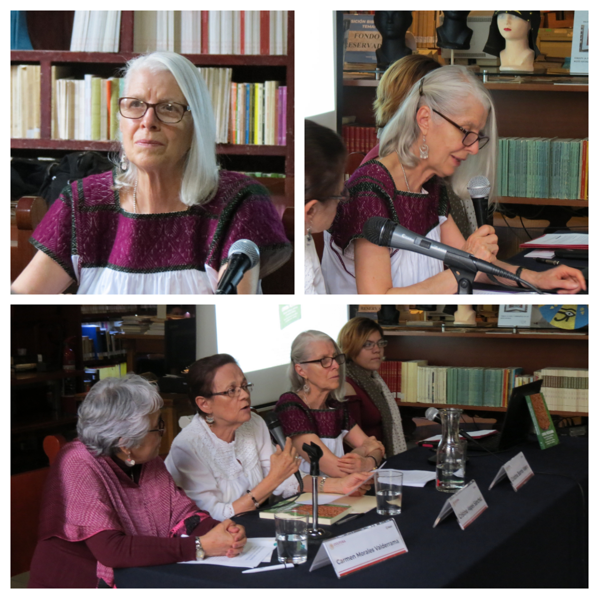 Conferencia para la presentación del libro con las coordinadoras la maestra Carmen Morales, la doctora Cristina Mapes y como presentadora la maestra Cristina Barros. Fotografías de Carolina Guadalupe Rodríguez Rascón.